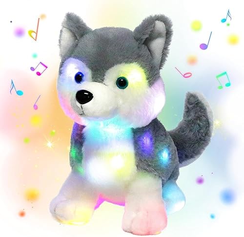 Miniatura 1 de Hopearl Perro husky de peluche con luces LED y música, con volumen ajustable, canciones de cuna, animado, da calma, para festival, cumpleaños, niños