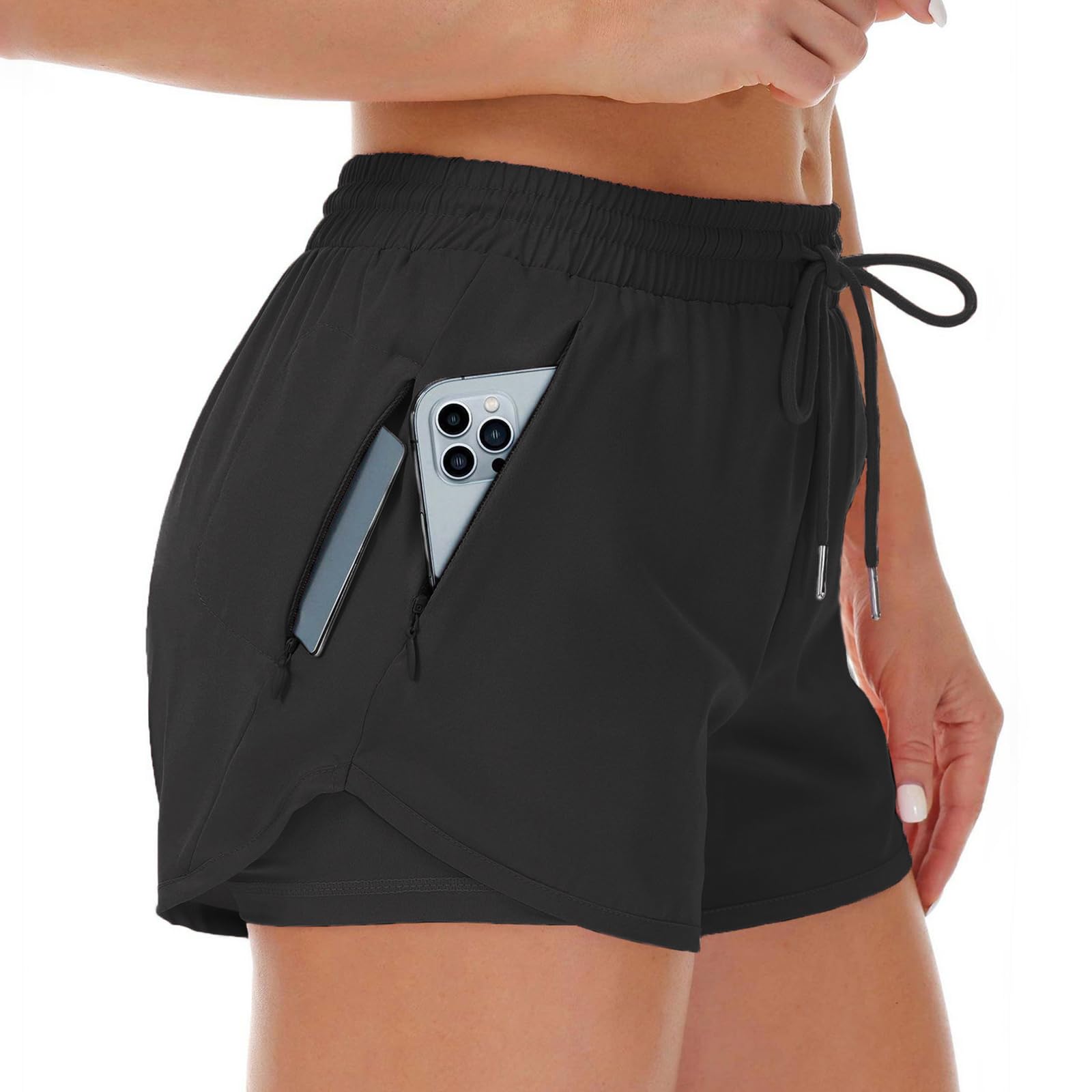 2 en 1 Femme Running Short de Sport été pour Fitness Jogging Entraînement Poche avec Zippées
