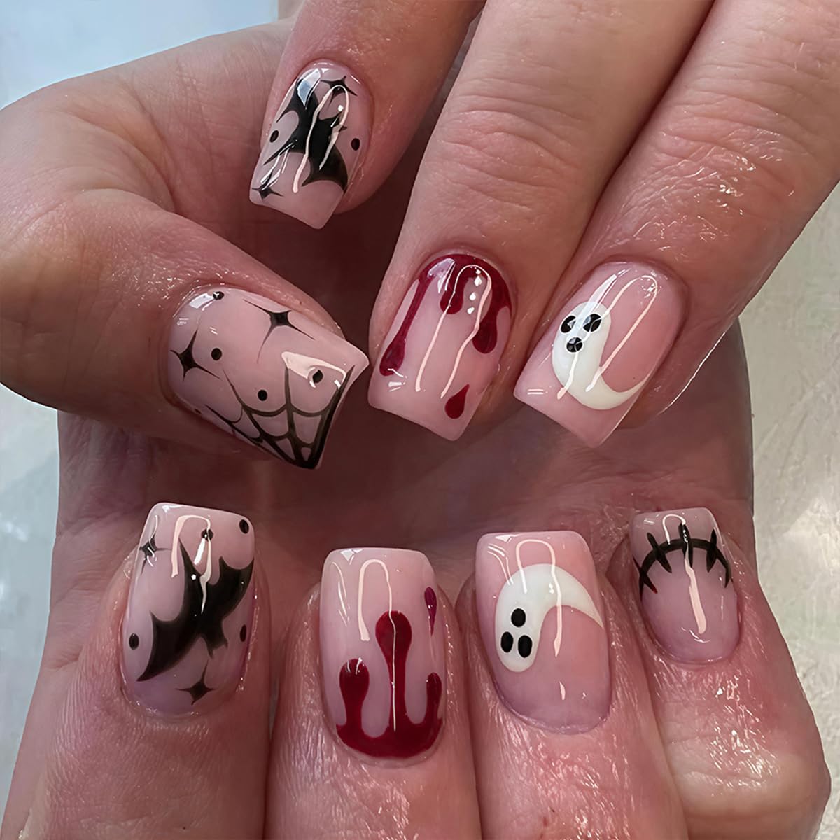6 Packs (144 Pcs) | Halloween Press on Nails short | Square Fake Nails with Pumpkins Ghost Spider Web Design | Reusable Stick on Halloween Nails for Women Holiday Nail Kit with Jelly Glue