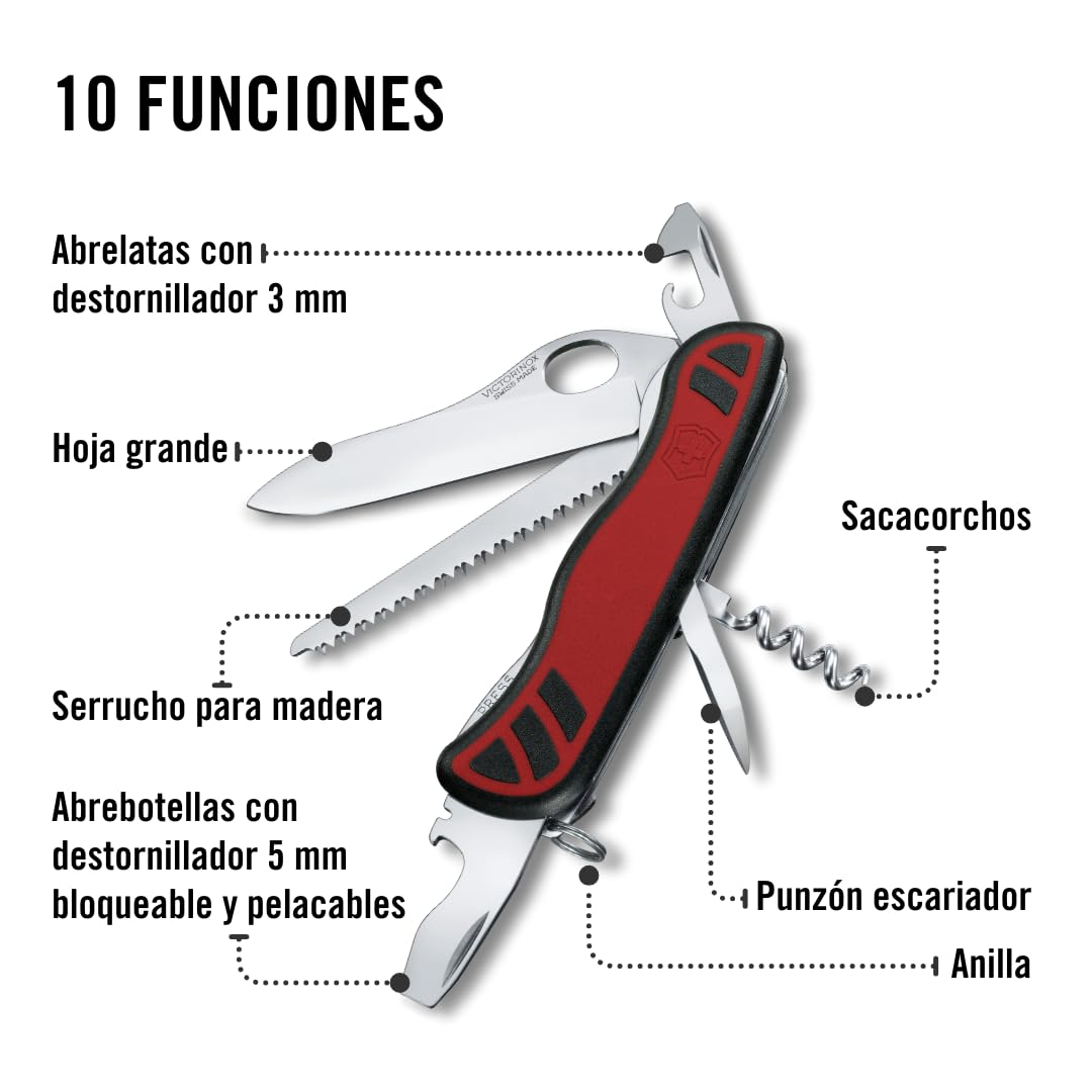 Victorinox Navaja suiza de bolsillo Forester M, 10 funciones, multiherramienta con hoja grande, abrelatas, destornillador 3 mm, para una mano, rojo/negro