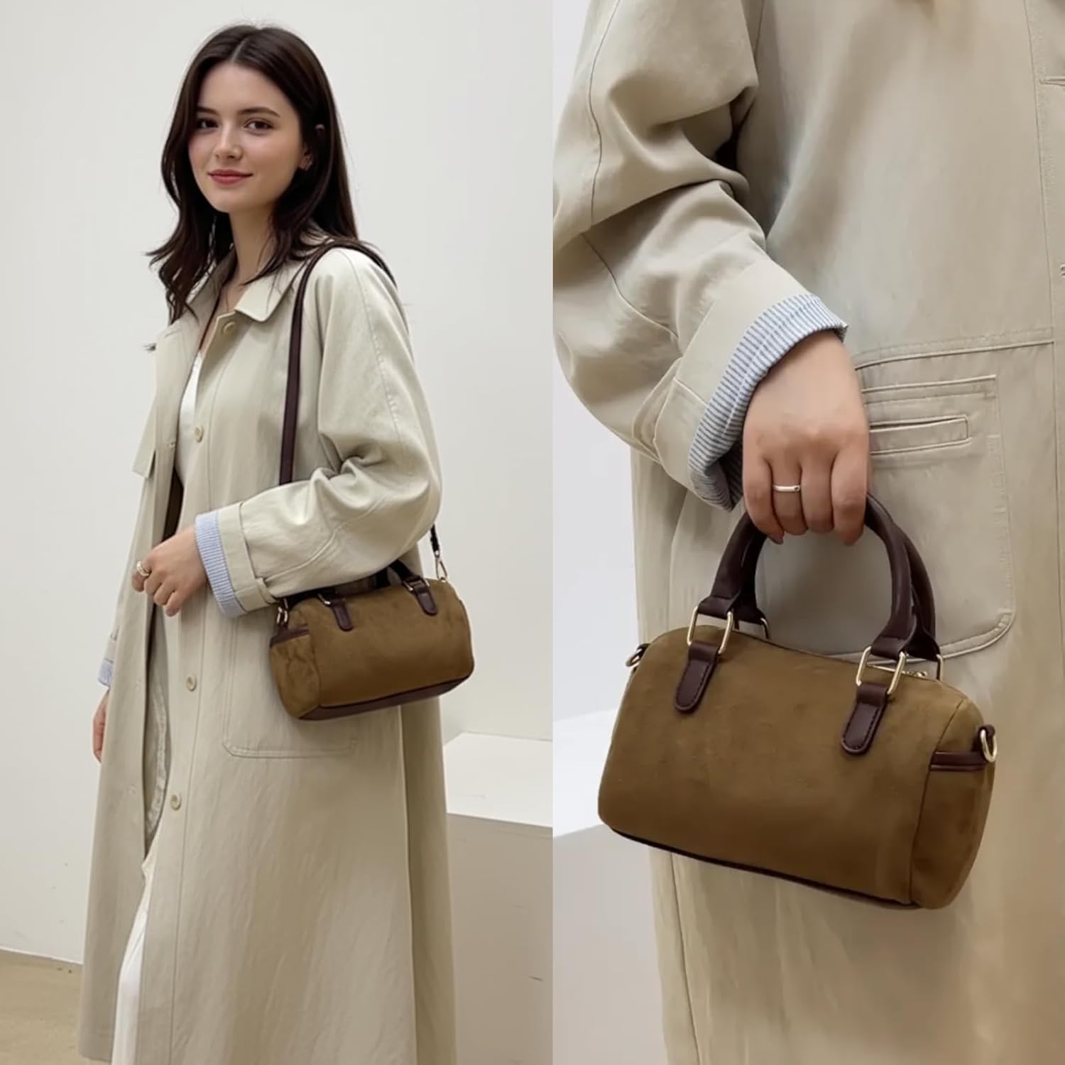 Small Faux Suede Purses for Women Boston Barrel Bag Mini Top Handle Bags with Trendy Crossbody Strap - Image 2