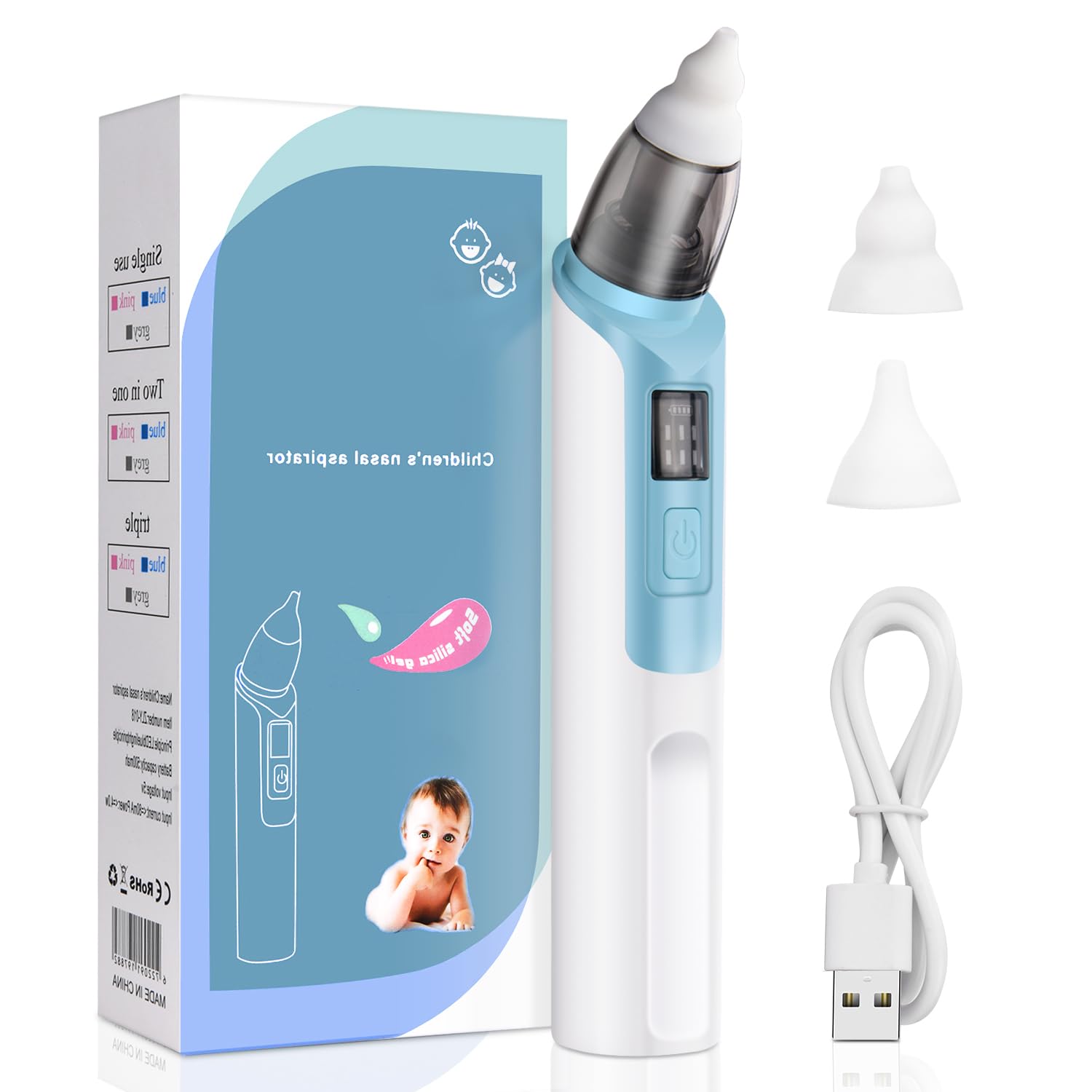 URAQT Nasal Aspirator for Baby, Baby Nose Sucker with 2 Silicone Tips and 6 Levels, Electric Nose Suction for Toddler, Blue