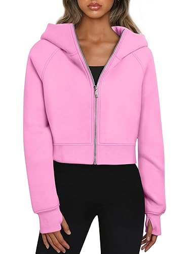 Trendy Queen Womens Zip Up Hoodies Jackets Cropped Sweatshirts Fleece Fall Outfits Casual Comfy Y2k Tops Winter Clothes 2025 - Small - Pink