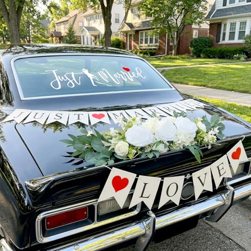 Image of Just Married Car Wedding Decorations Kit with Artificial Flower Floral Swag / Just Married Love Sign Banner and Car Bouquet & Window Decals, Wedding Car Accessories for Bridal Shower Honeymoon Decor