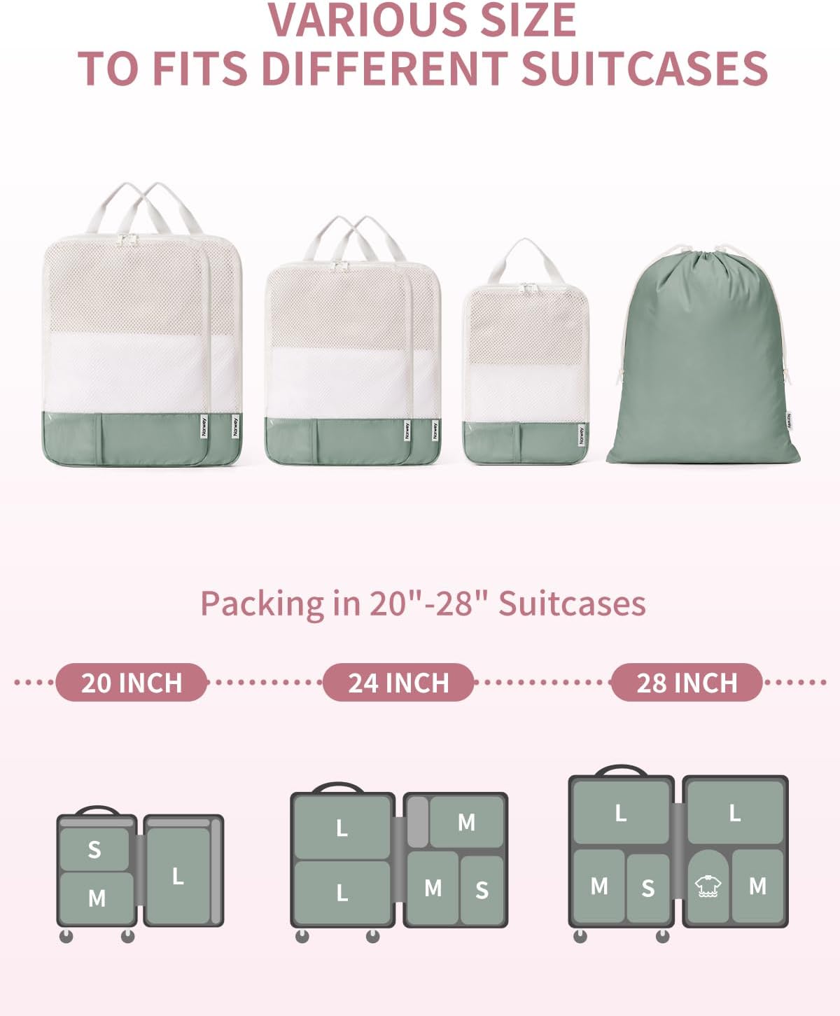 Narwey 6 Set Compression Packing Cubes for Travel Kids Women, Lightweight Packing Organizers Bag for Carry on Luggage Suitcase Duffle Bags (Sage Green)