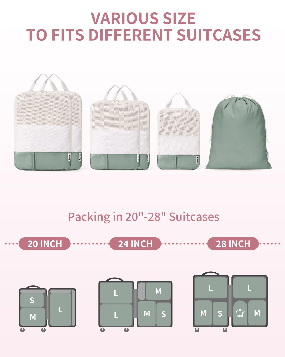 Narwey 5 Pièces Organisateur Valise, Sac Compression Voyage, Compression Packing Cubes, Organisateur Valise Compressible, Cube de Rangement, Organiseurs de Bagage (Vert)