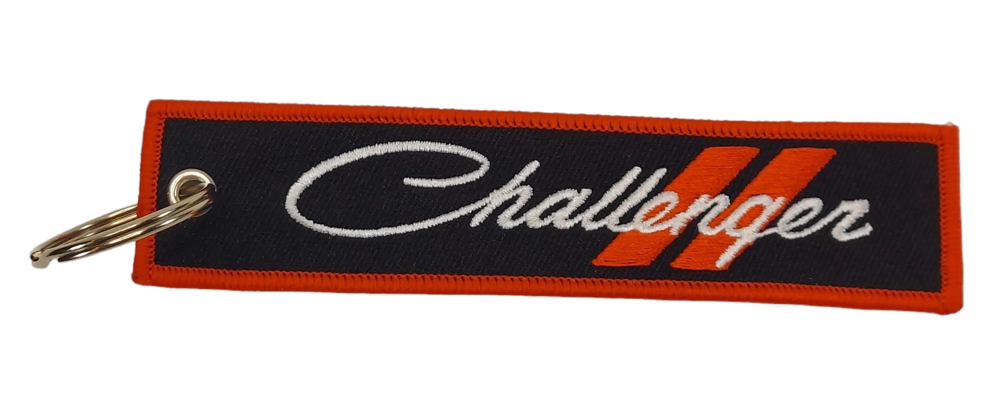 Photo 1 of Detroit Shirt Company Dodge Challenger Logo embroidered Twill Keychain 5" x 1" | Challenger logo front, Classic Dodge Rhombus logo back