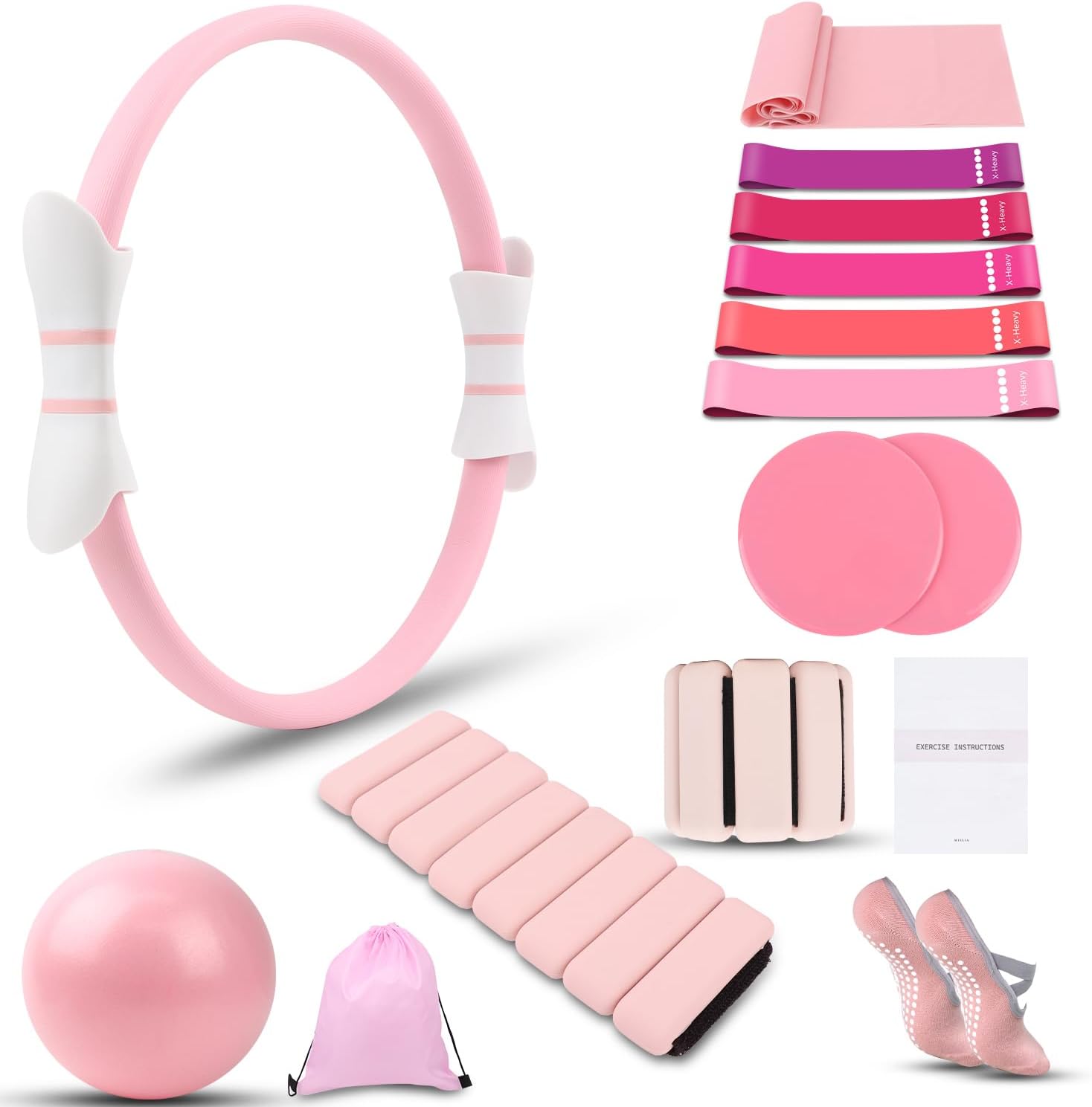 MIELIA 16 PCS Pink Pilates Ring and Ball Set for Women Home Gym, 15-Inch Magic Circle Yoga Ring, Adjustable Ankle Wrist Weights, Sliding Disc, Complete Fitness Equipment for Toning