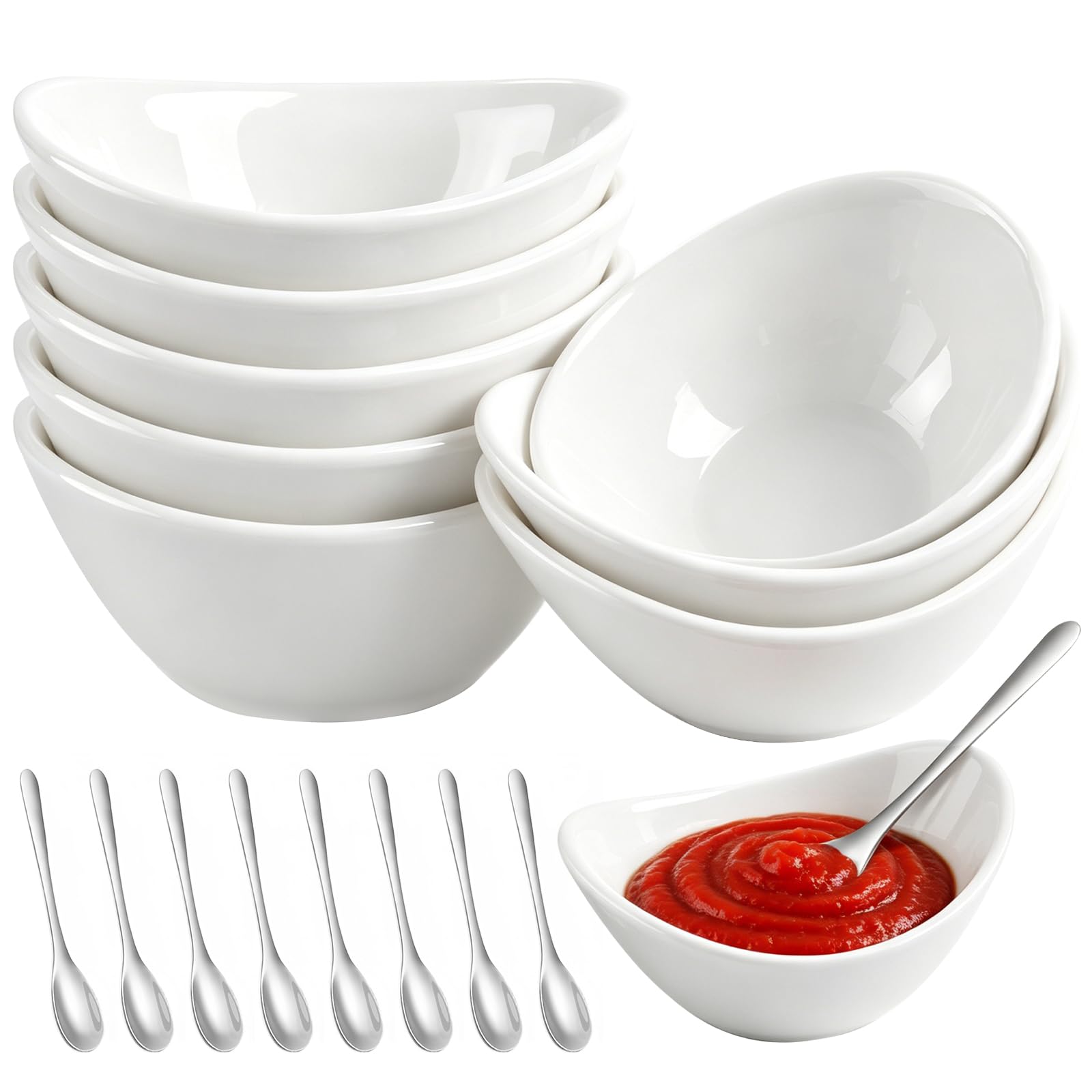 8 Ciotole per Salsa in Ceramica con 8 Cocchino, 60ml Ciotole Aperitivo Ceramica, Piatti per Condimenti di Ovale Bianca, Perfette per Salse, Snack, Spezie, Contorni, Frutta e Condimenti