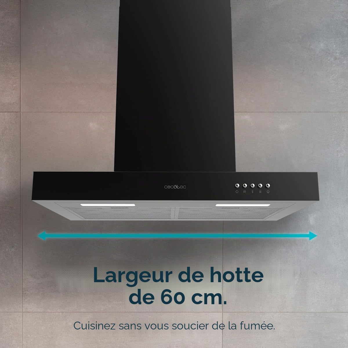 Cecotec Hotte Aspirante 60 cm Type T Bolero Flux TM 606500 Black A. Moteur 165W, Finition en Noir, Aspiration 650m3/h, Contrôle Mécanique, 3 Niveaux de Puissance, Éclairage et Filtre à Charbon