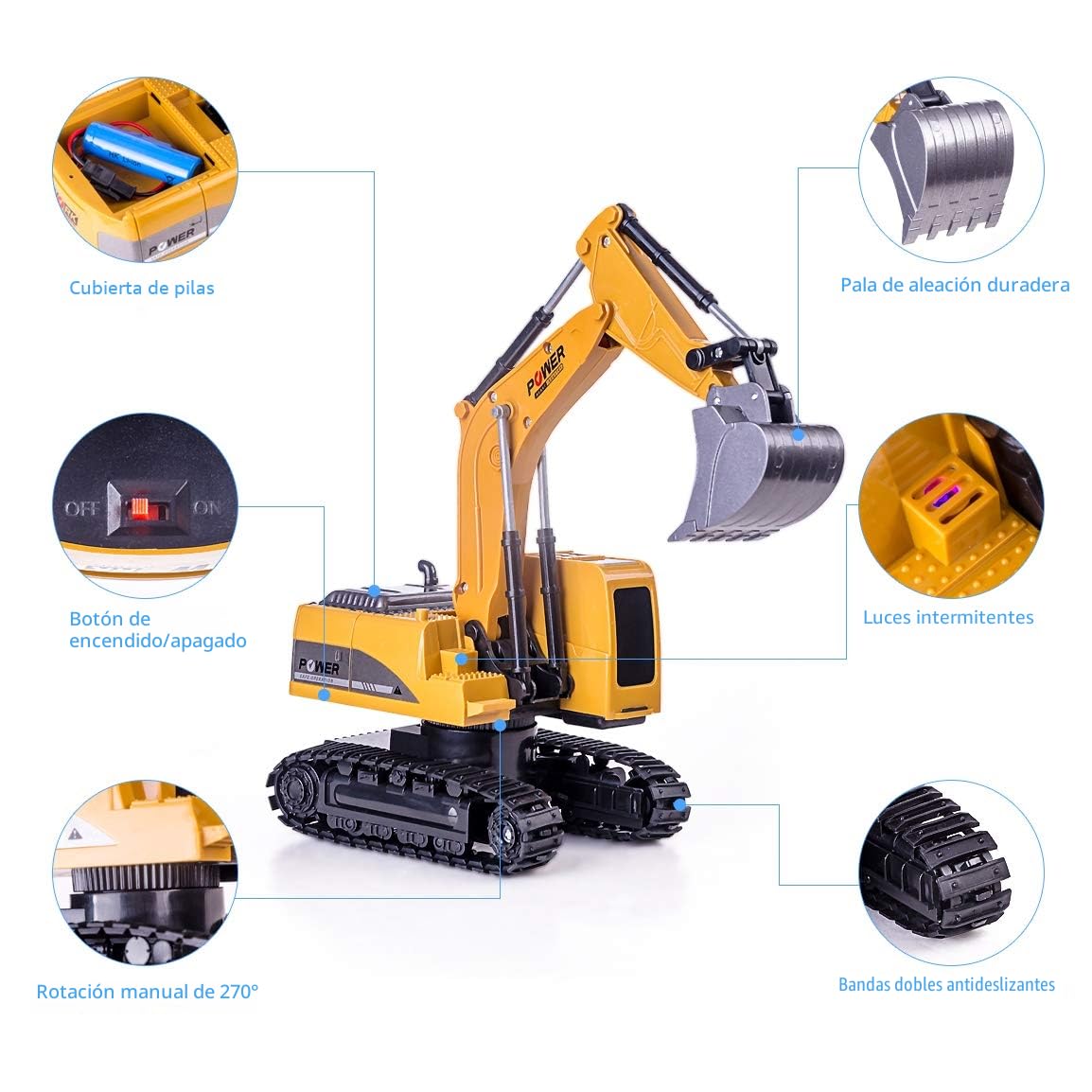 Highttoy Excavadora Teledirigido Niños, Tractor Juguetes Niños 3 4 5 6 7 8 Años Regalos Vehículo de Construcción Camion Juguete Excavadora RC 6 Canales Escala 1:24 con LED y Sonido