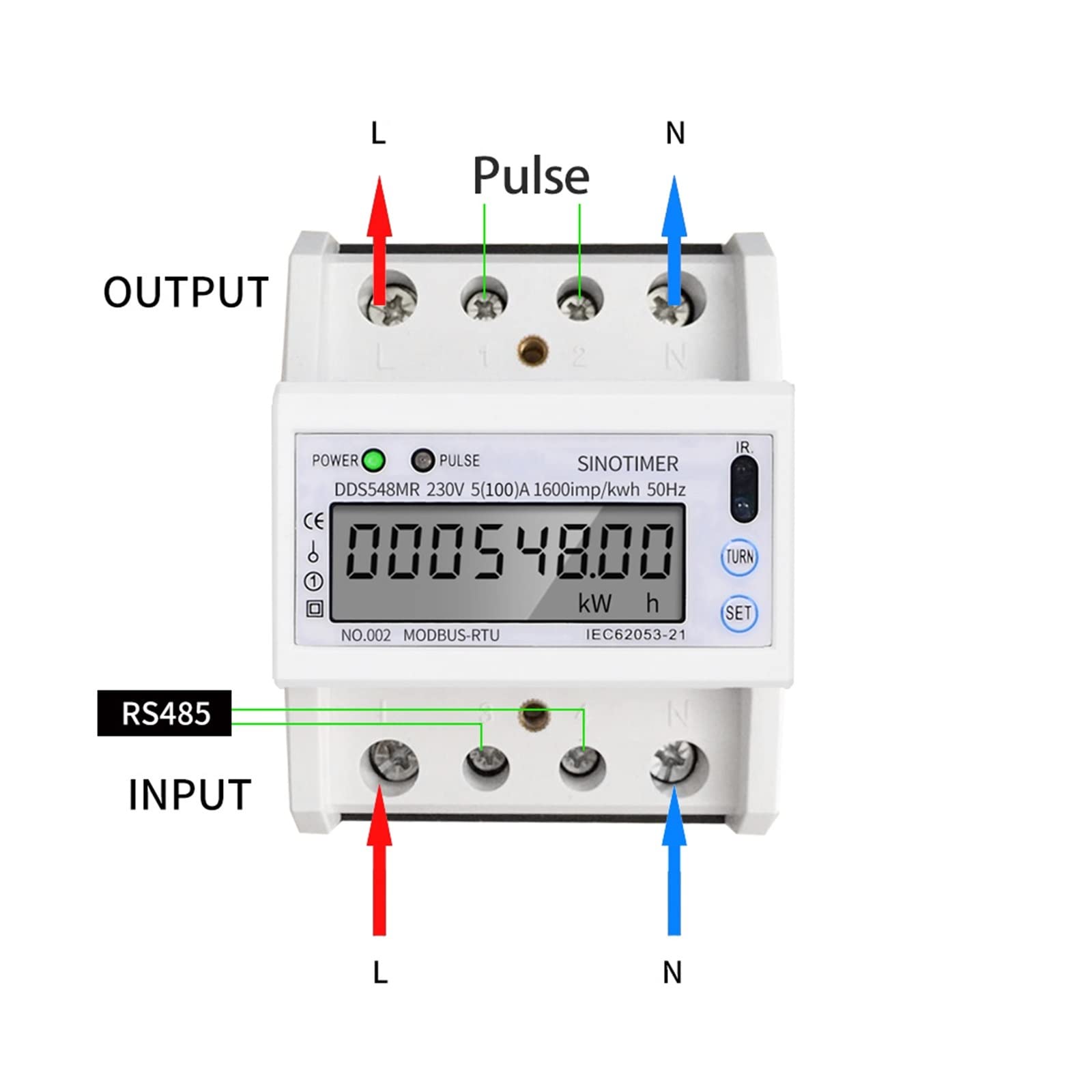 Compteur Électrique Monophasé, Multi Fonction monophasé 5-100A 230V AC Compteur d'énergie Compteur de consommation électrique Moniteur DIN Rail avec RS485 Modbus, Facile à Installer