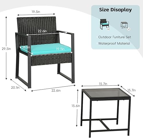 Miniatura 6 de Muebles de exterior, muebles de porche con bastón elástico de polietileno, juego de patio de 3 piezas con mesa de cristal, juego de muebles de