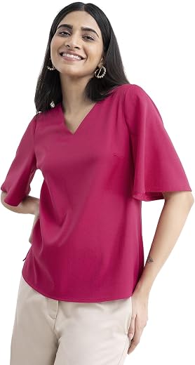 FableStreet Women Formal & Casual Top | Minimalist V-Neck Design with Short Sleeves & Solid Pattern | Smooth Finish & Cont...