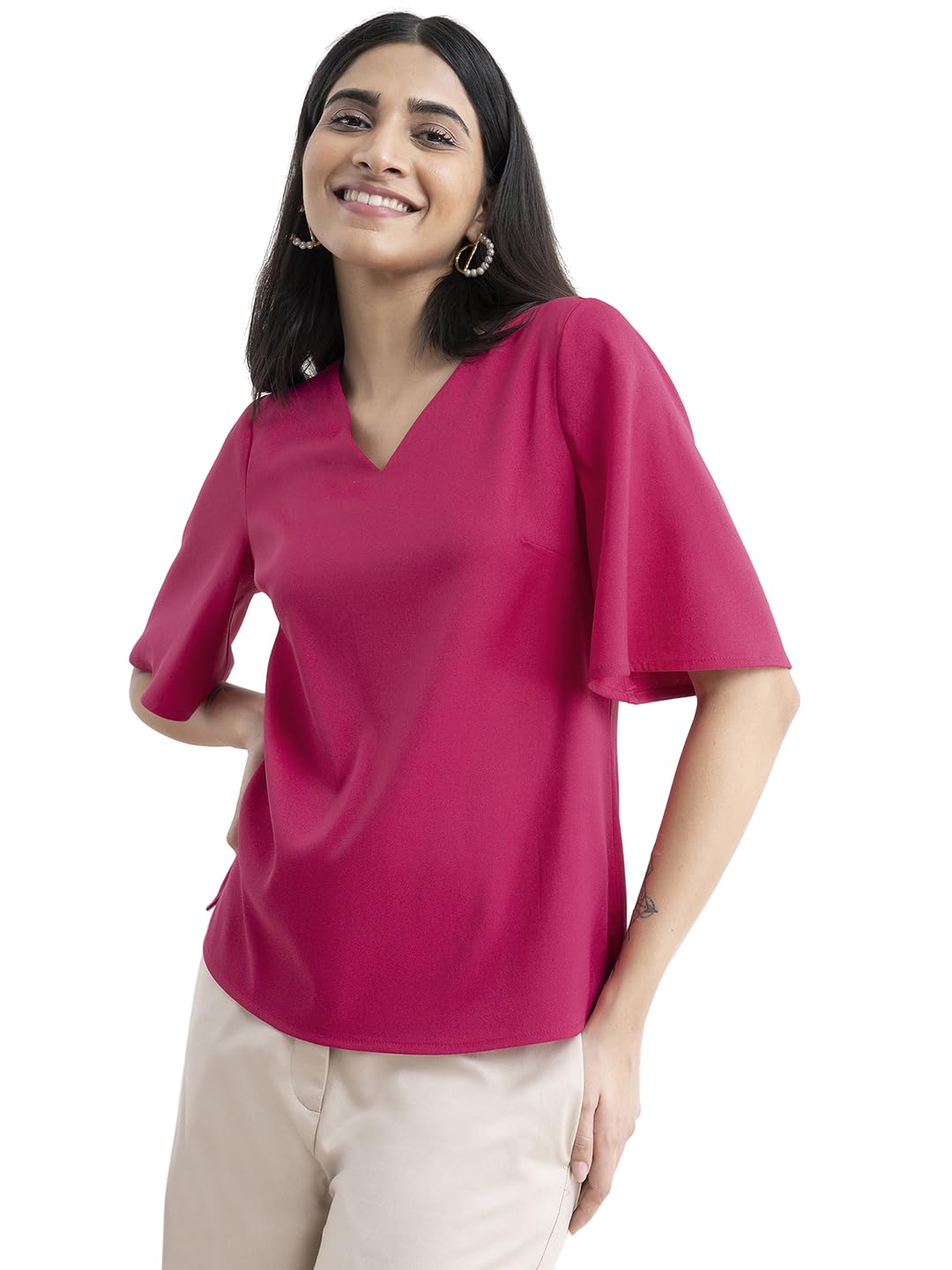 fablestreet Women Formal & Casual Top | Minimalist V-Neck Design with Short Sleeves & Solid Pattern | Smooth Finish & Contemporary Style for Office & Everyday Wear-picture-26