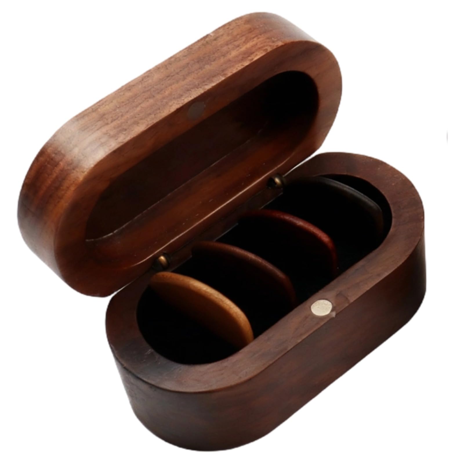 Caja de madera de nogal para púas de guitarra, incluye 4 púas, caja de almacenamiento retro para guitarra, organizador compacto para accesorios de guitarra, soporte de madera estable, 8,5 x 4,5 x 4 cm