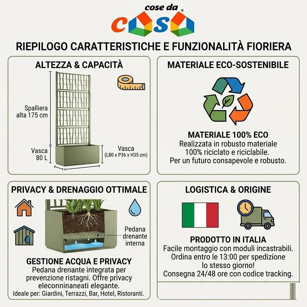 Fioriera alta cm 175 con vaso largo cm 80 Spalliera Grigliata separe' verde oliva graticola rampicante modulabile e componibile per Esterni Giardini Terrazze separatore ambienti locali commerciali