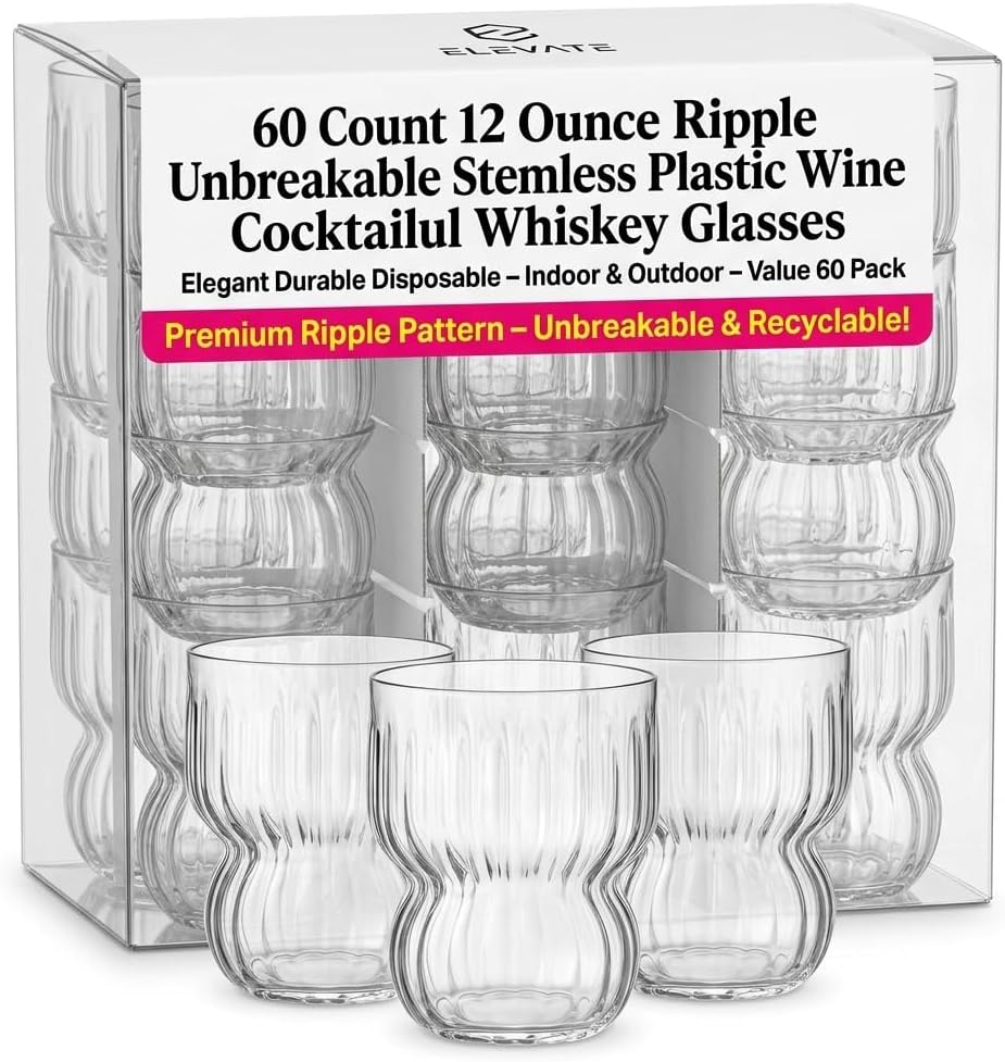 60 Count 12 Ounce ripple Unbreakable Stemless Plastic Wine Cocktail Whiskey Glasses Elegant Durable Disposable Indoor Outdoor Ideal for Home, Office, Bars, Wedding, Holiday, Celebrations, Tasting