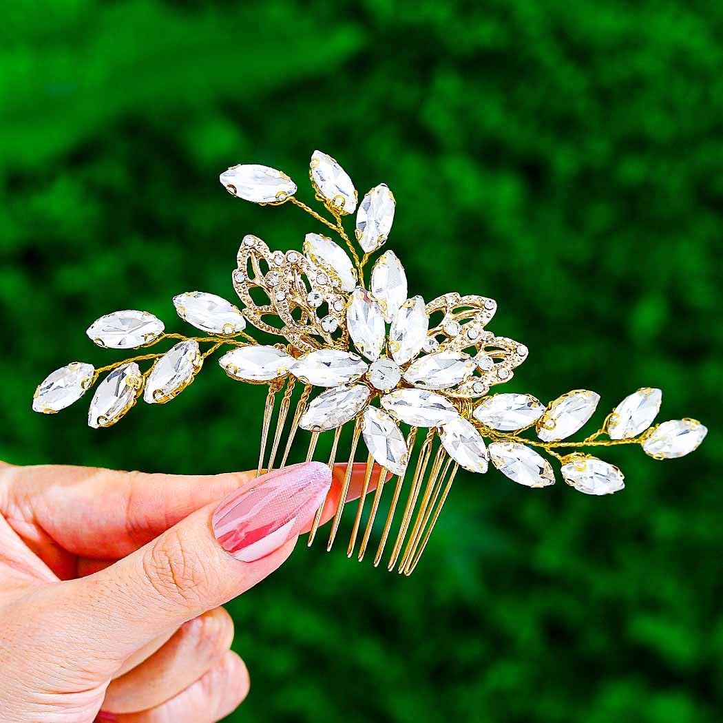 Gold Leaf Crystal Bride Wedding Hair Comb Rhinestone Flower  display picture 3