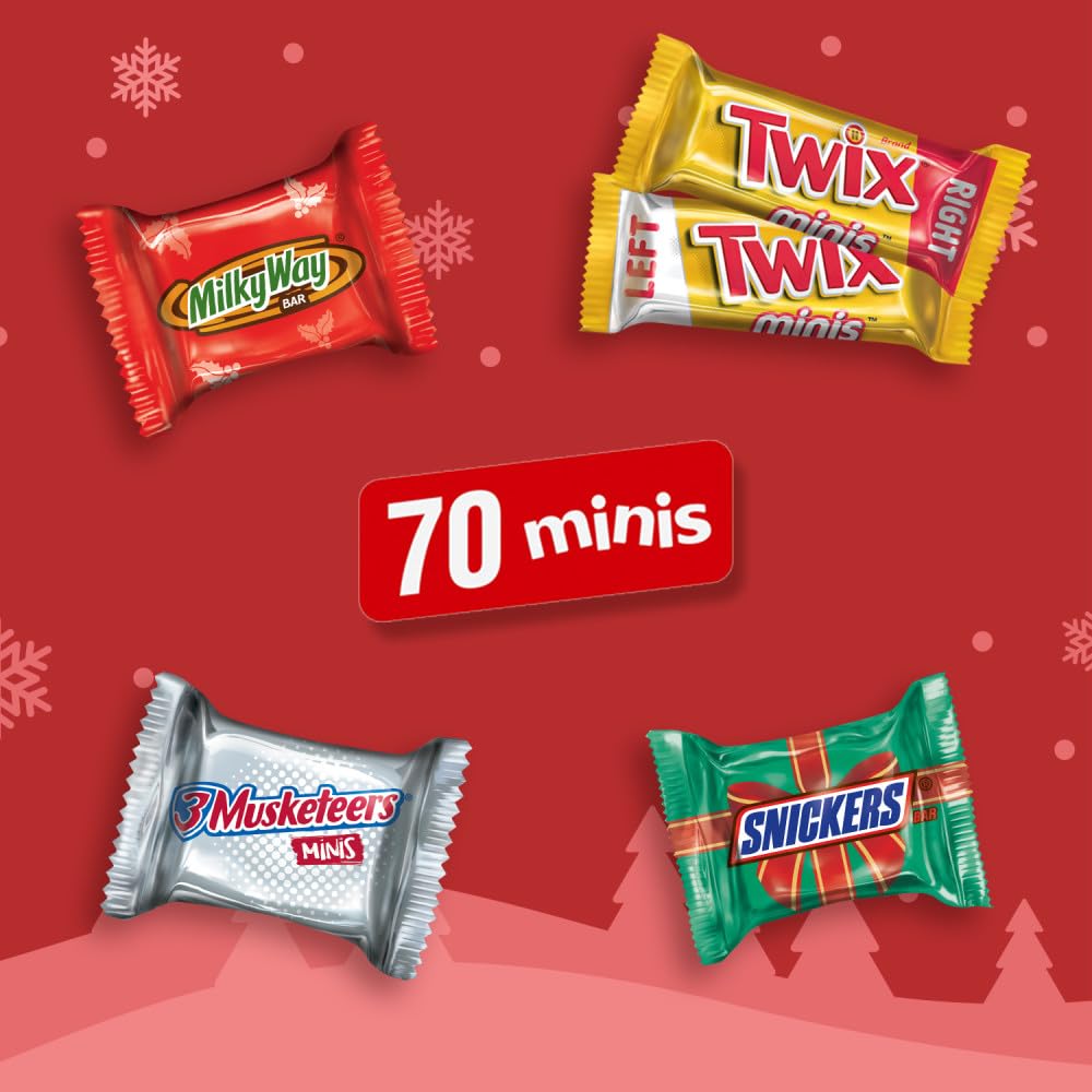 SNICKERS, TWIX, MILKY WAY & 3 MUSKETEERS Minis Milk Chocolate Candy Variety Pack, Individually Wrapped Christmas Candy Stocking Stuffers, 70 Ct Bulk Bag (Pack of 2)