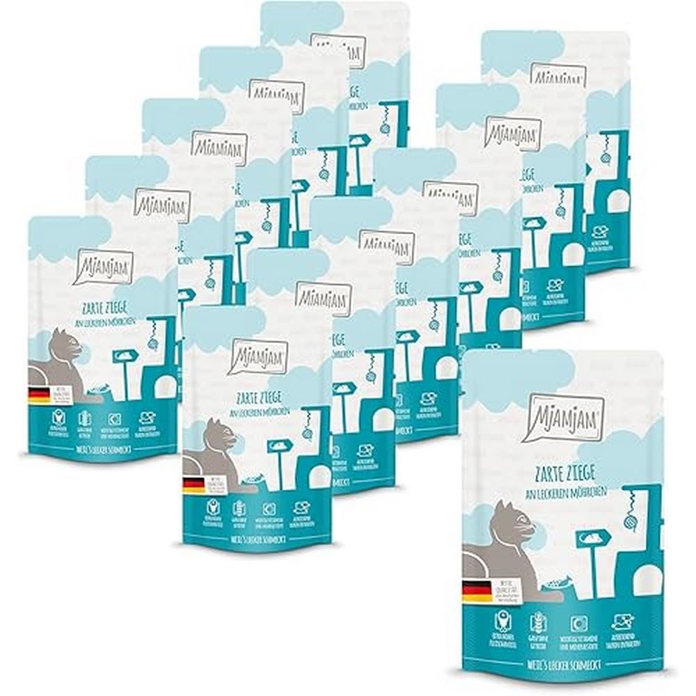 MjAMjAM - cibo umido premium per gatti - Quetschie - tenera capra con deliziose carote, confezione da 12 (12 x 125 g), senza cereali con carne extra