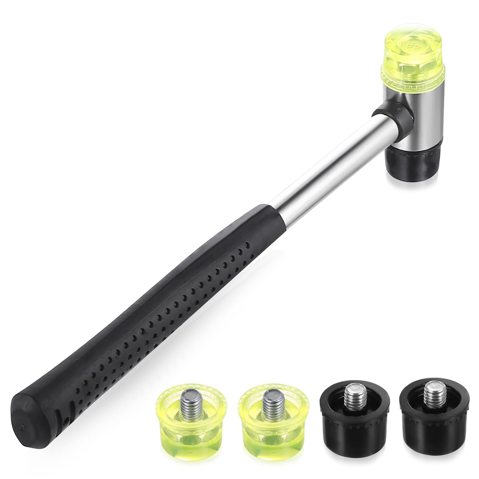 Martillo Goma Pequeño, 25 mm Martillo de Goma de Doble Cabeza con Mango de Gomas Manual para Cuero Madera Plástico DIY Artesanías Joyería, con 4 Cabezas de Martillos de Repuesto
