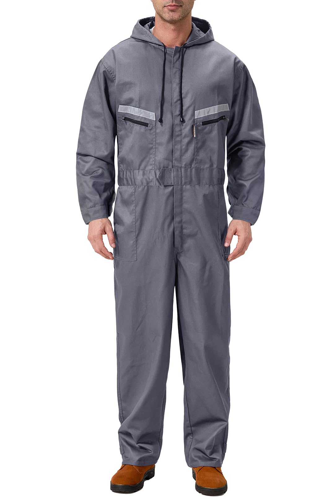 Uomo Incappucciato Tuta da Lavoro Multitasche in Poliestere e Cotone Tuta da Lavoro con Elastico Salopette da Lavoro Uniforme con Tasche, Grigio, M