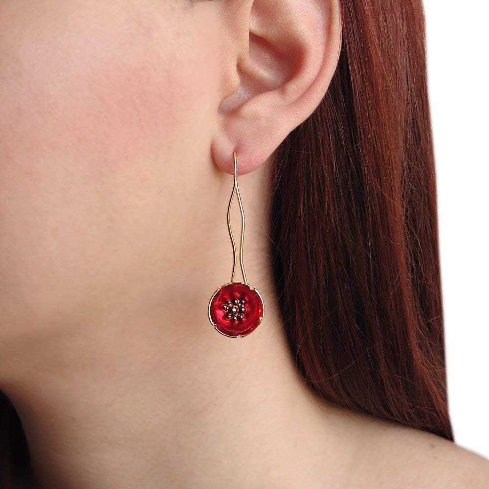 Grandi orecchini pendenti in argento sterling e smalto rosso, orecchini di fiori di papavero rosso, gioielli di fiori fatti a mano di Emmanuela, orecchini lunghi di fiori rossi