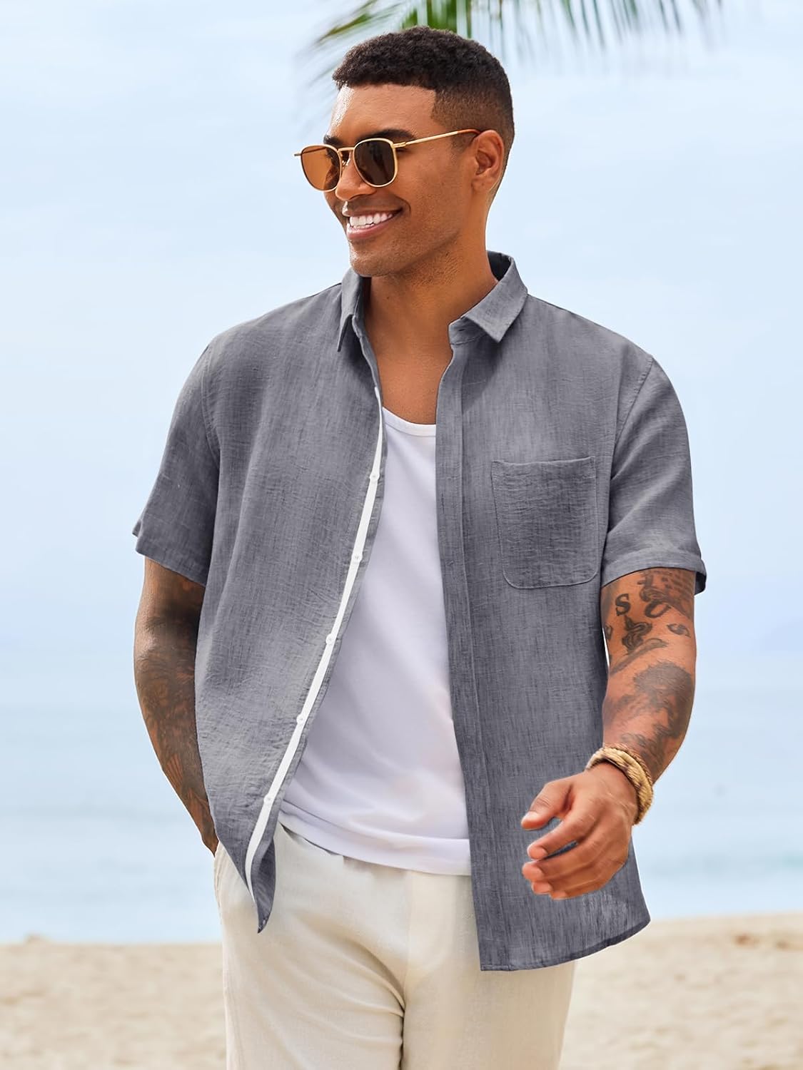 Runcati Mens Linen Button Down Shirts Casual Short Sleeve Shirt Summer Beach Wedding Tops with Pocket - Image 2