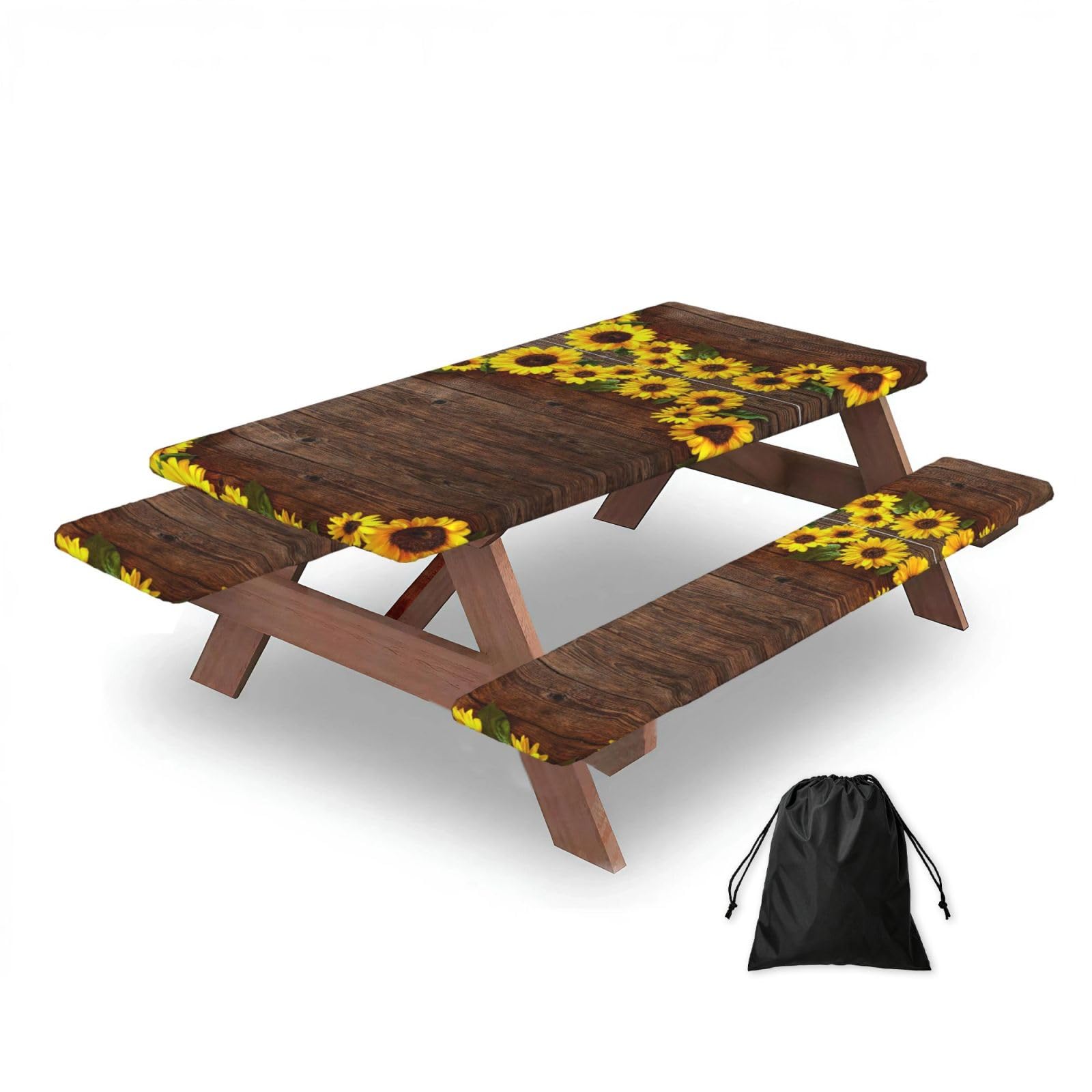 Housse de table de pique-nique en bois avec motif tournesol élastique Lot de 3