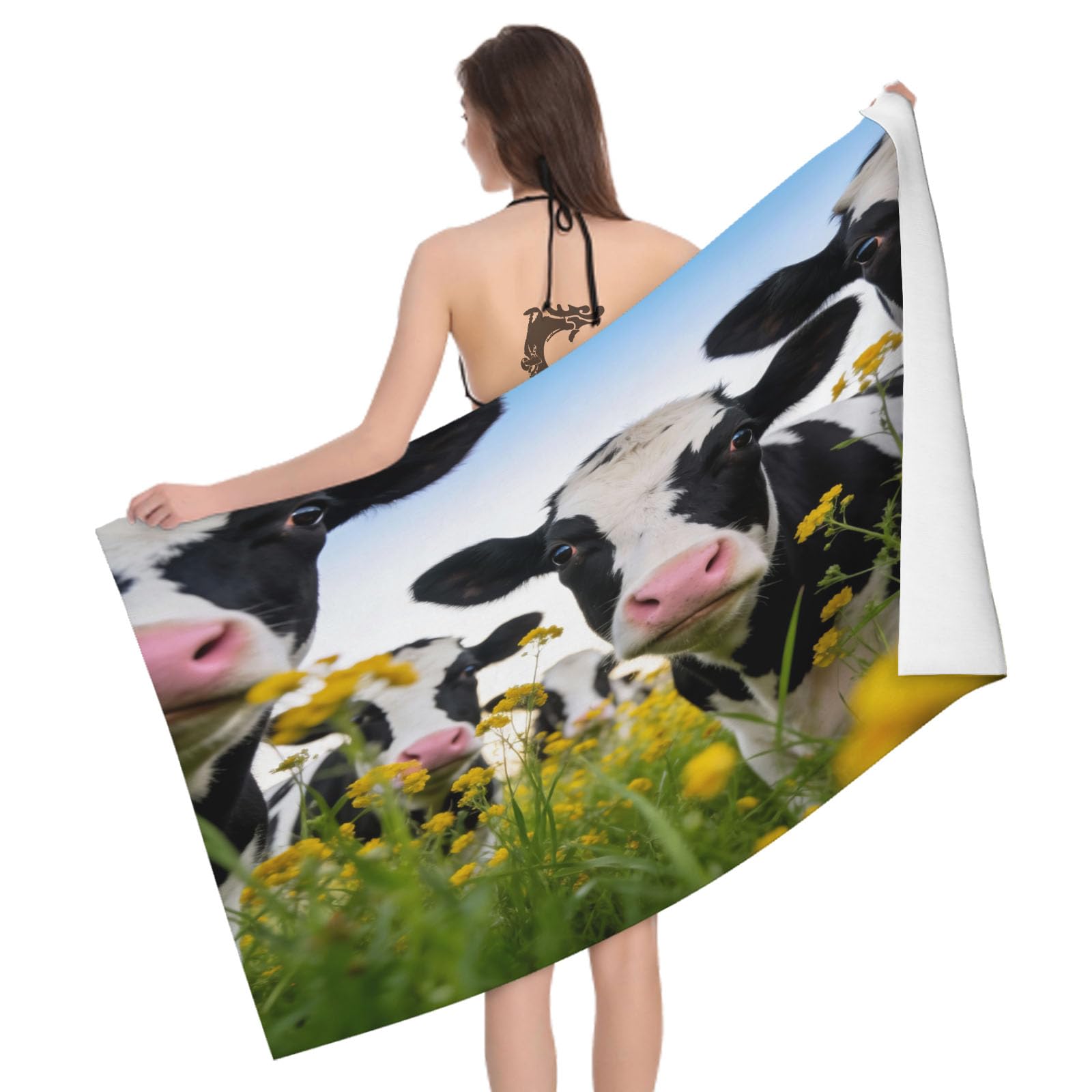 Leichong 3D Milk Cow Beach Towel Microfiber Soft Quick Dry for Adults, Farm Animal Bath Towel Lightweight Soft Absorbent for Travel Swimming Pool Sports, 75 x 150 cm
