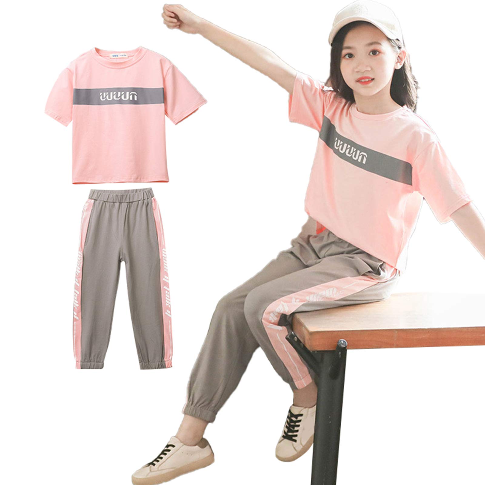 amropi Filles Ensembles Jogging Pantalon et Haut T-Shirt à Manches Courtes Eté Survêtement pour 3-12 Ans