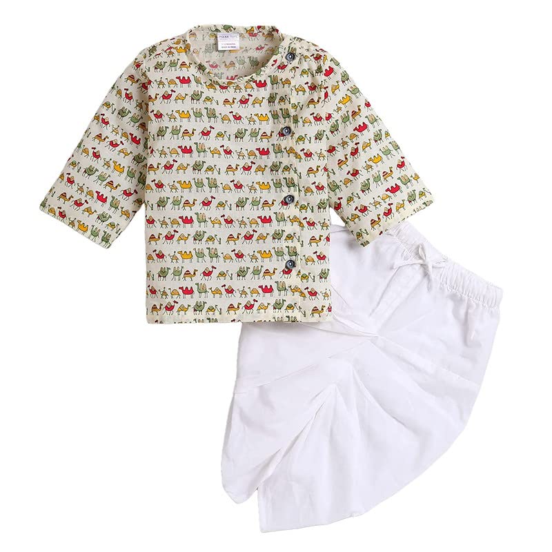 Image of POLKA TOTS Boy's Cotton Full Sleeve Angrakha Kurta with Dhoti Set for Baby Kid, Traditional Ethnic Wear for Kids, Printed Dhoti Kurta Set with Round Neck for Boy's