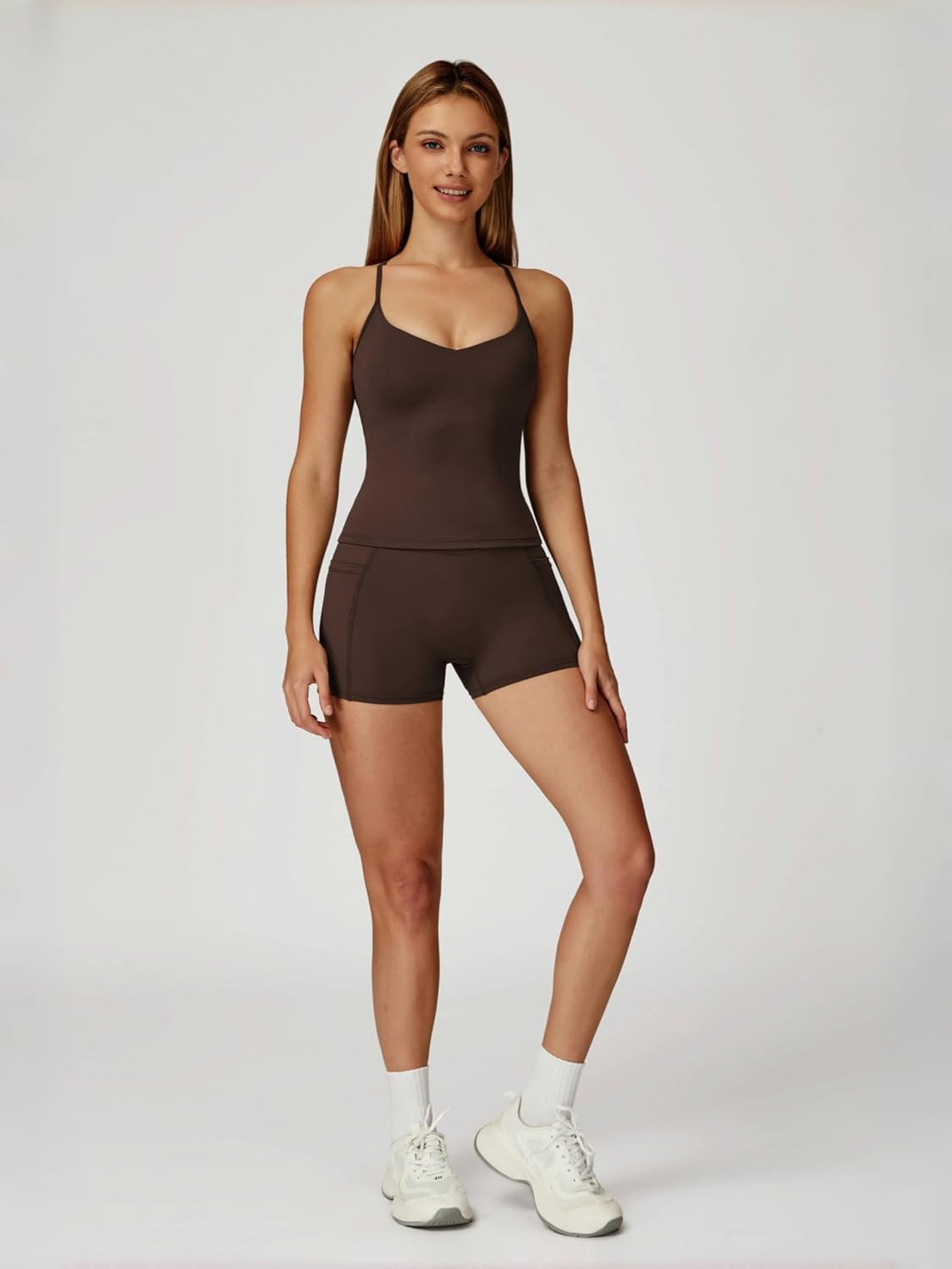 ABOCIW Workout Sets for Women Criss Cross Tank Top Crossover Waist Biker Shorts with Pockets 2 Piece Gym Yoga Outfits - Image 4