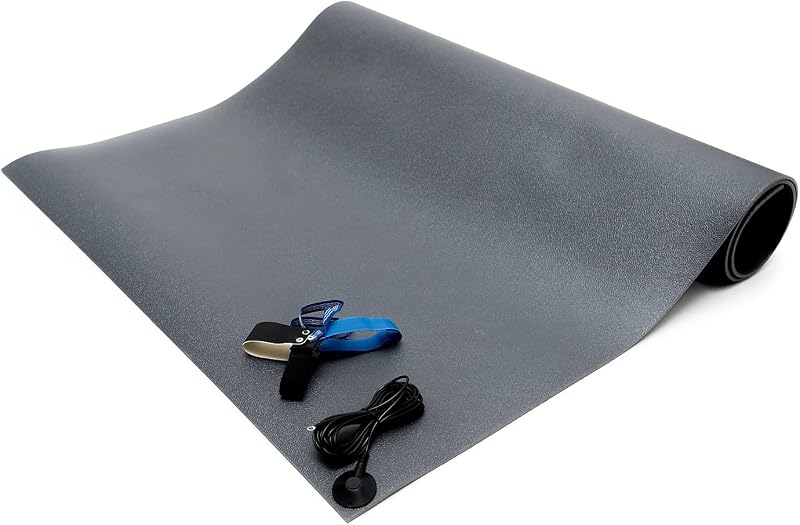 Bertech ESD Kit de alfombrillas para silla (fabricado en EE. UU.), 3 pies de ancho x 4 pies de largo x 0,19 pulgadas de grosor, gris, incluye una conexión a tierra para el talón y un cable de conexión a tierra, cumple con RoHS y REACH