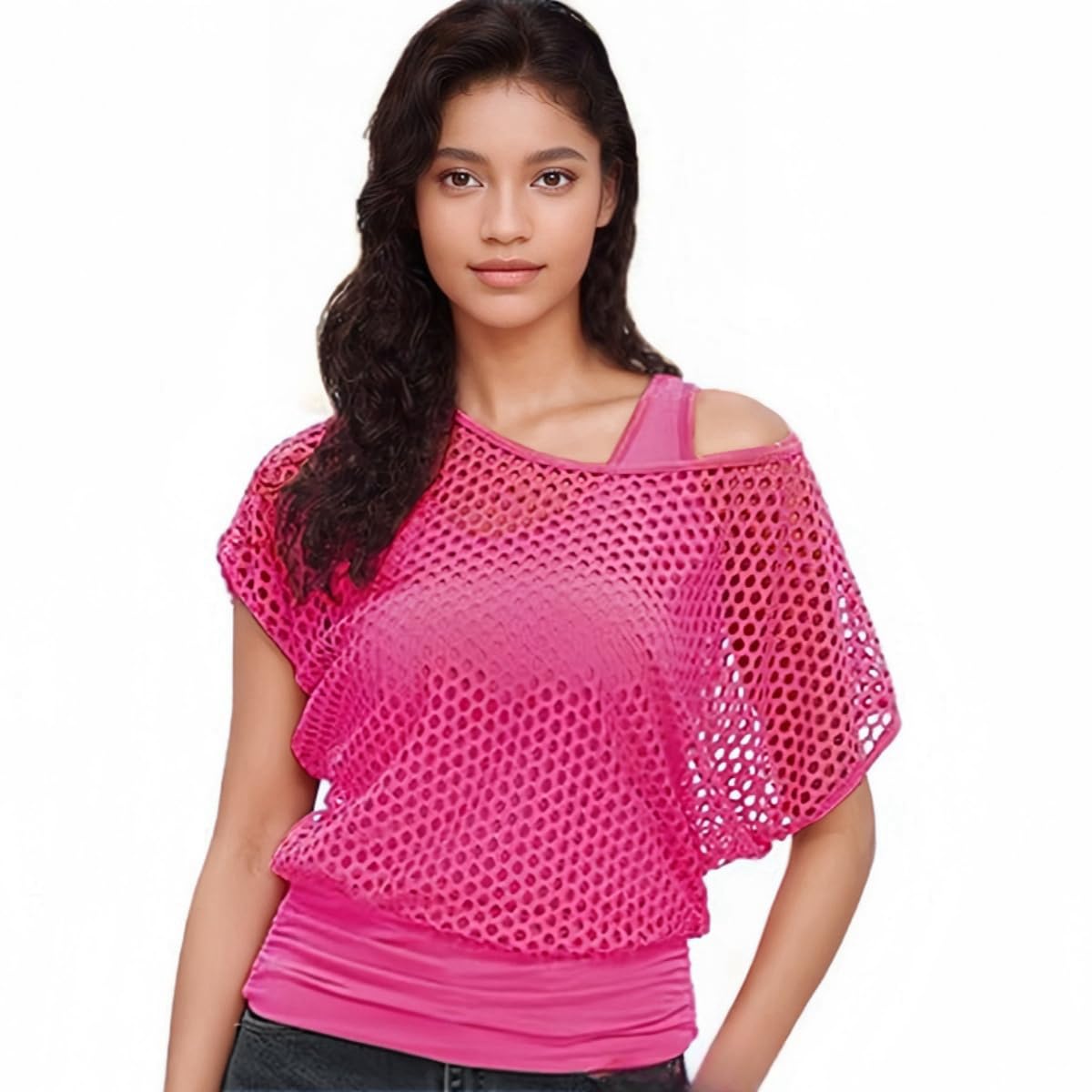 Toukingda Women's Neon Pink 80S Mesh Fishnet Tops Vest For Fishnet Off Shoulder T-Shirt Tank Top Fancy Dress Disco Retro Outfit 1980S Costume /L