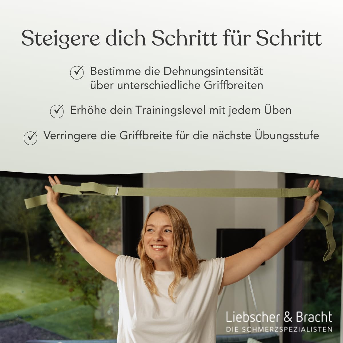 Liebscher & Bracht Original Schulterretter – Dehnungsgurt mit Schlaufen für einfaches Üben bei Schulterschmerzen – Dehnungsband aus 100% Baumwolle inkl. Übungen in der App – Made in Germany