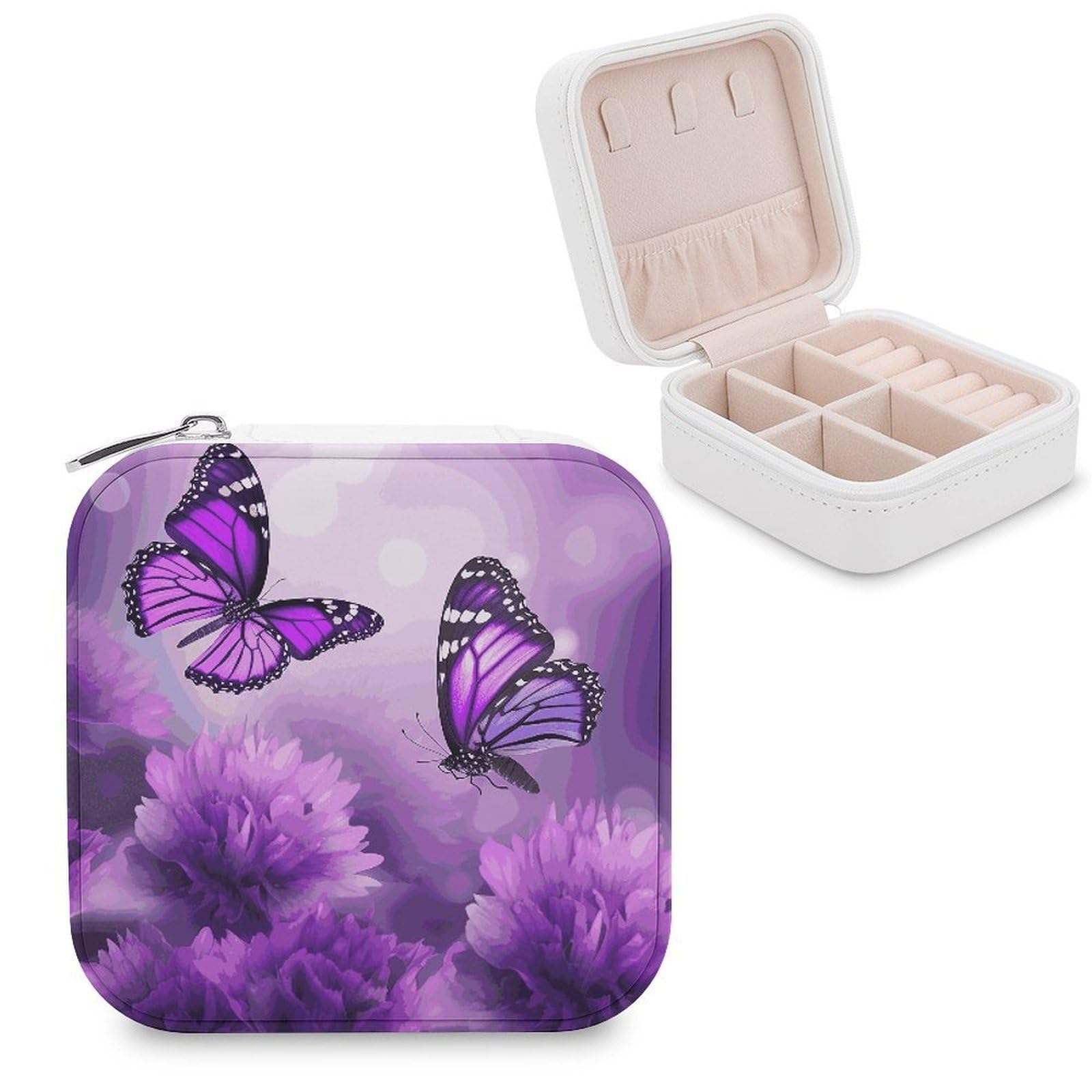 MUSM Purple Flower Butterflies Travel Jewelry Case Personalized PU Leather Jewelry Boxes for Women Small Portable Jewelry Organizer Box Cute Trinket Box for Necklaces Rings Earrings & Gifts