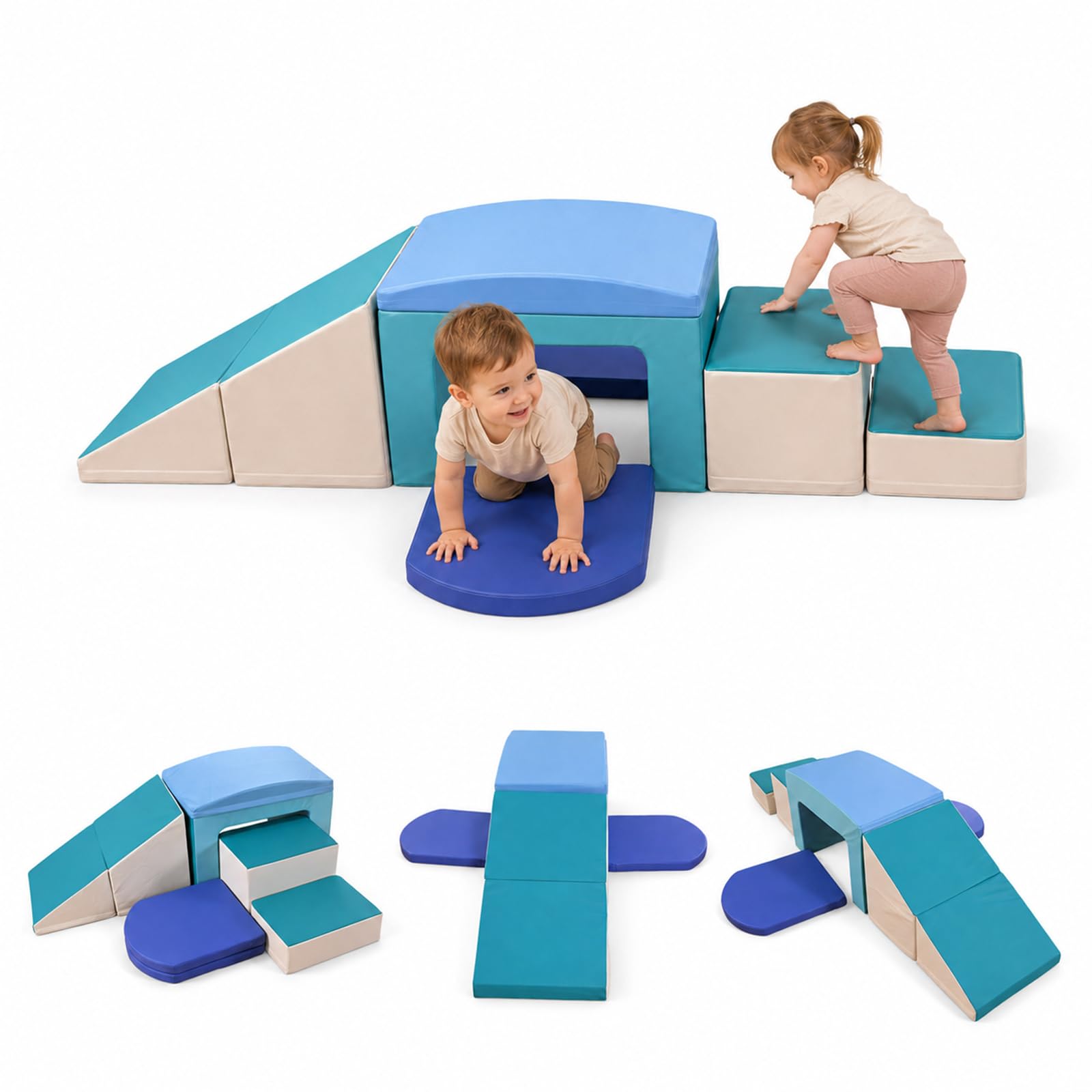 Blocs de construction en mousse pour enfants, 5 pièces souples pour grimper, ramper et jouer en toute sécurité et confortable, blocs de jeu d'intérieur antidérapants et stables (bleu clair)
