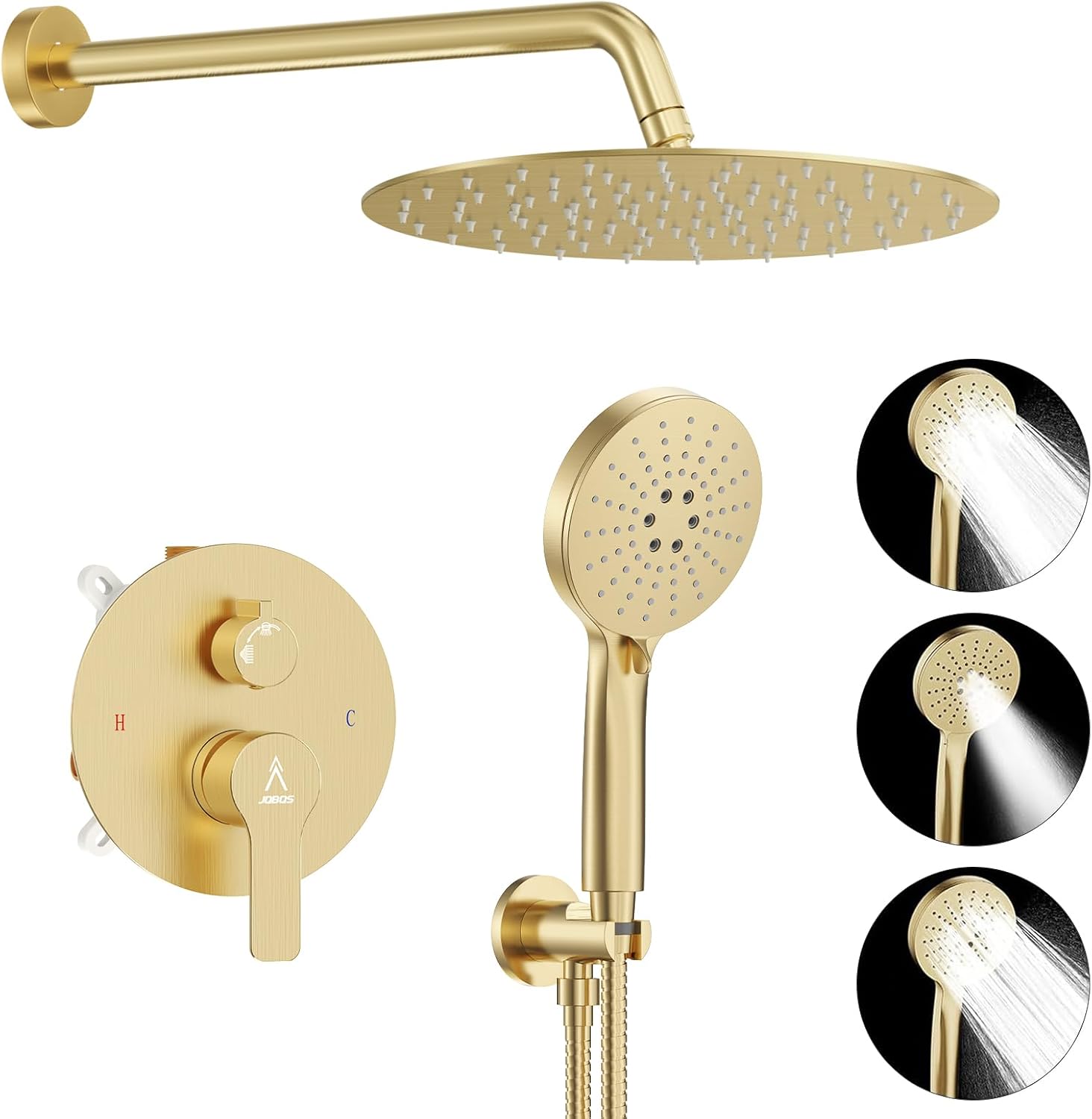 Shower Faucet Set Brass 12IN Rough-In Valve Body Trim Kit Rainfall Included Handle Accessories Complete 2 Functions with Rain Head and Handheld Bathroom Systems (12'', Brushed Gold)