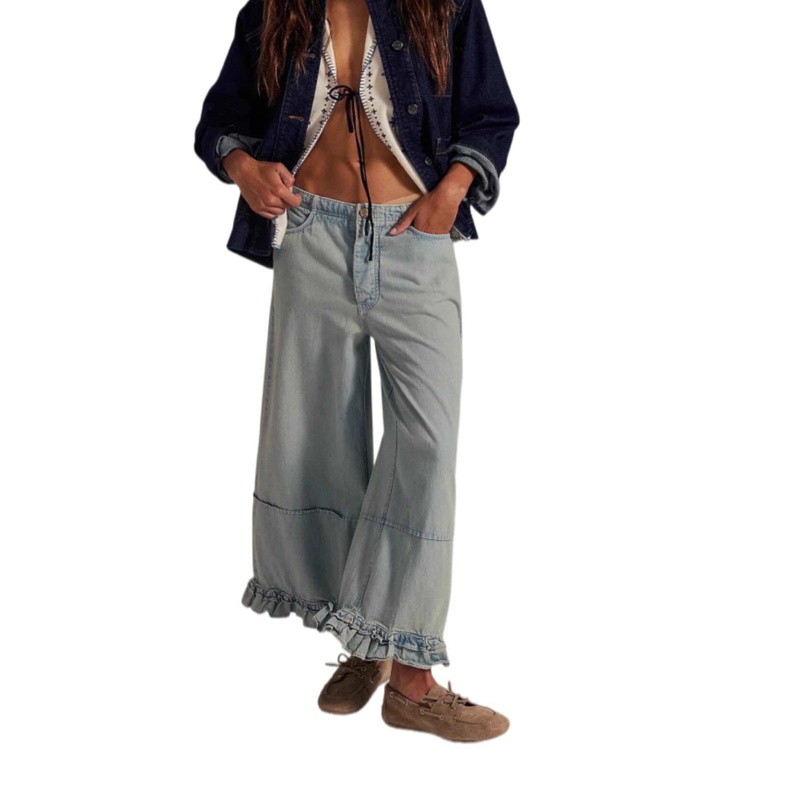 Jeans con dobladillo con volantes para mujer, tiro medio, pierna ancha, pantalones de mezclilla holgados con cintura elástica y bolsillos