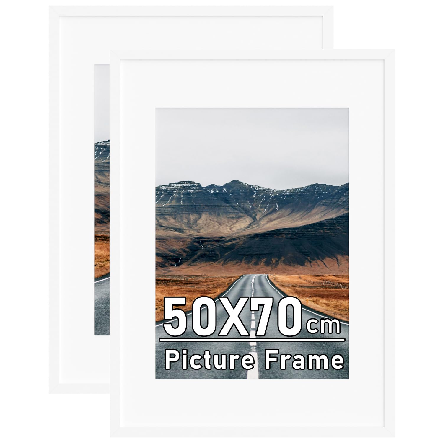2 Pack 70x50cm Picture Frames with Removable A2 Mount, Black 50x70cm Photo Frames, Poster Frame with Safe Perspex Front, Wall Mounting