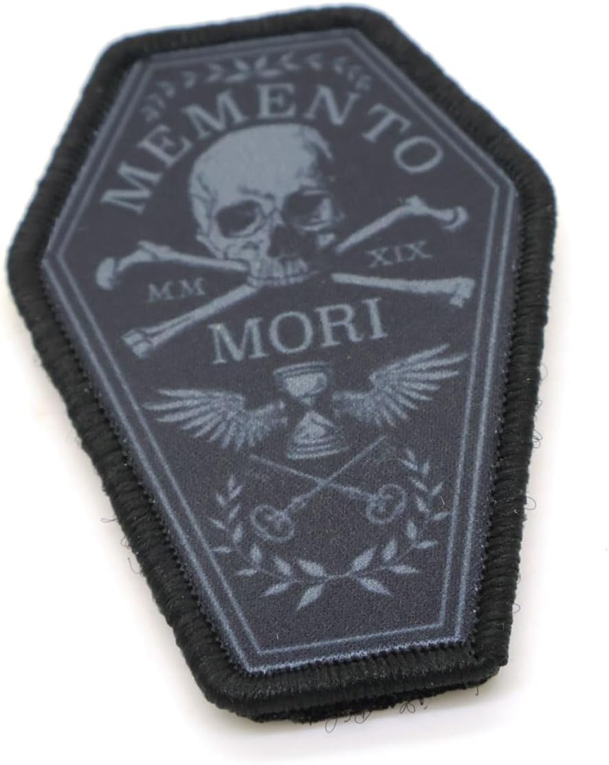 Memento Mori Morale Patch Skull and Crossbones Tactical Fabric Embroidered Vest Badge Coffin 8cm x 5cm Hook & Loop Airsoft Forces Military Patches
