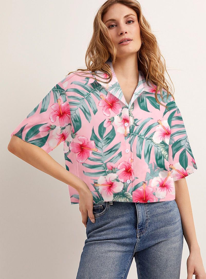 Cropped Hawaiian Shirts for Women Hawaii Tropical Button Down Tops Floral Tropic Print Summer Beach Outfits - Image 6