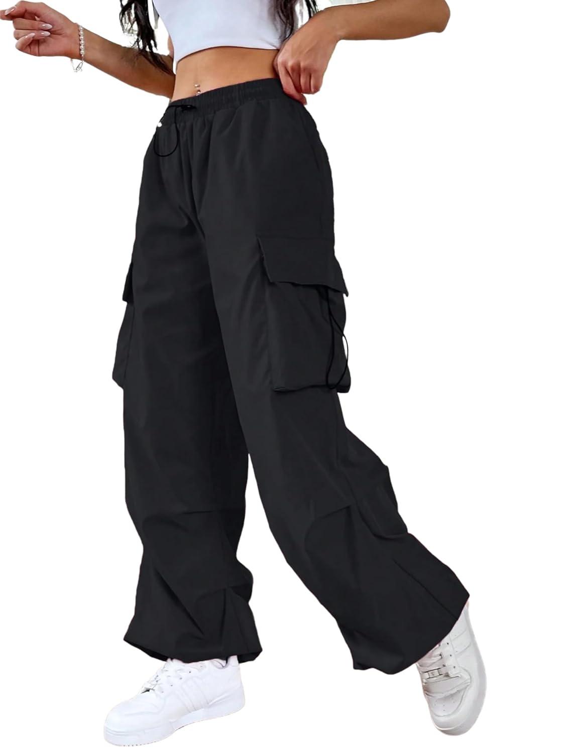 ZAFUL Womens Drawstring Elastic Waist Loose Pants Casual Flap Pocket Cargo Pants Trousers