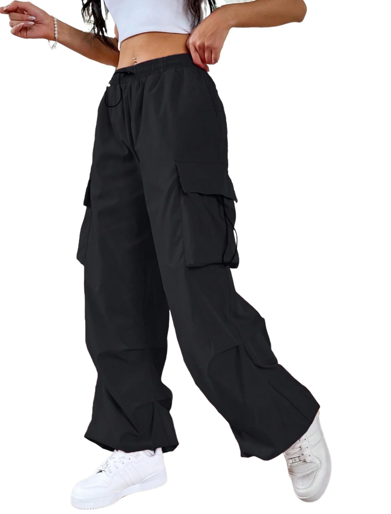 ZAFUL Womens Drawstring Elastic Waist Loose Pants Casual Flap Pocket Cargo Pants Trousers