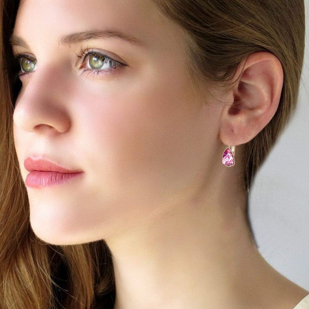 Austrian Crystal Triangle Leverback Drop Earrings for Women 14K Rose Gold Plated Hypoallergenic Jewelry - Image 2
