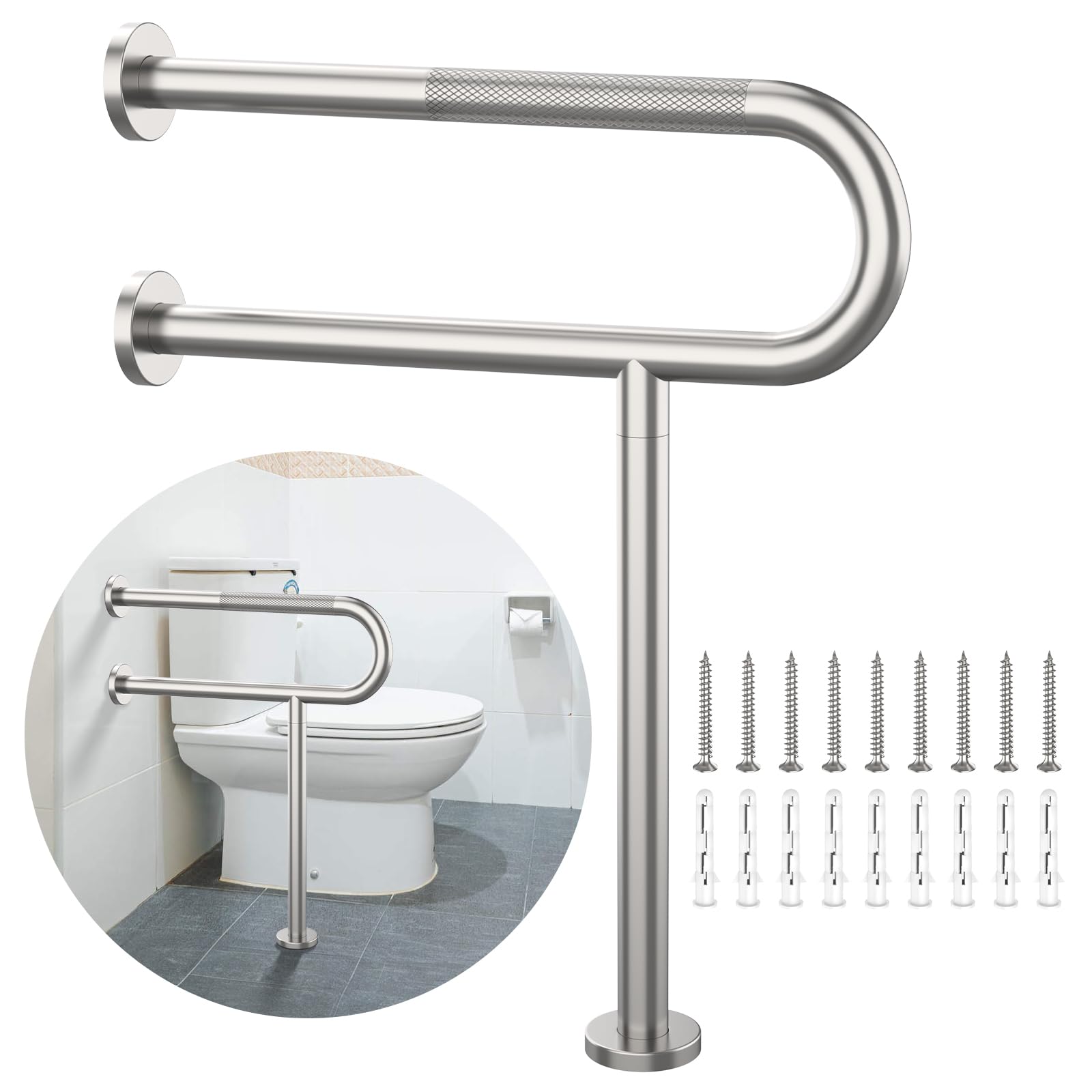 Toilet Support Rail 23.4X 28 Inch, Munzong Anti-Slip Satin Brushed Nickel Handicap Grab Bar for Bathroom, Stainless Steel Knurled Safety handrails with Leg for Elderly Disabled Pregnant-1.25’Tube