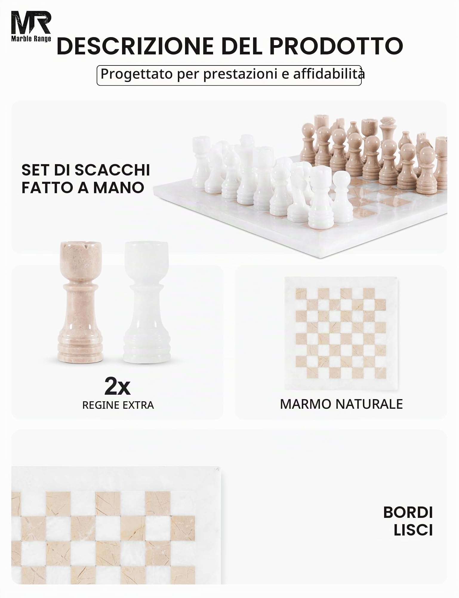 MARBLE RANGE Set di scacchi in marmo da 30,5 cm, bianco e Verona, fatto a mano, per adulti, gioco da tavolo in marmo per la famiglia, con scatola portaoggetti e 2 extra queen
