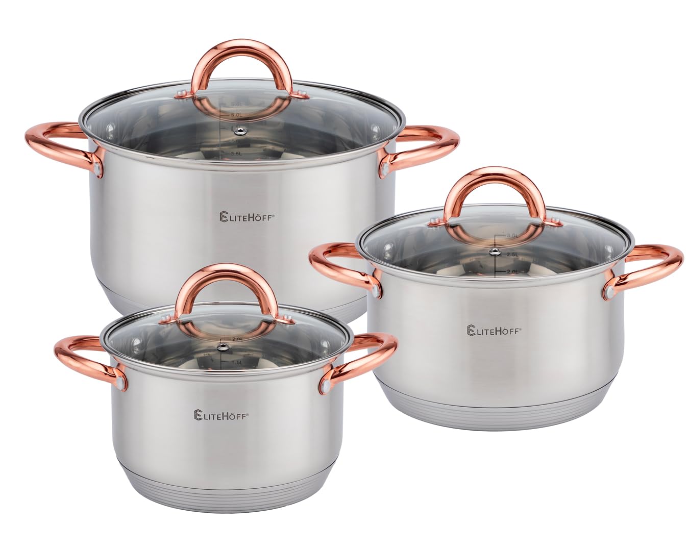 EliteHoff Juego de ollas de inducción, olla de acero inoxidable de 7 capas, juego de ollas con tapa, asas de oro rosa, para todo tipo de cocina (6 piezas)